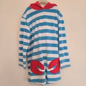 Mini Boden Kids Lobster Terry Cloth Hooded Swim Cover Up Blue White Stripe 9-10Y